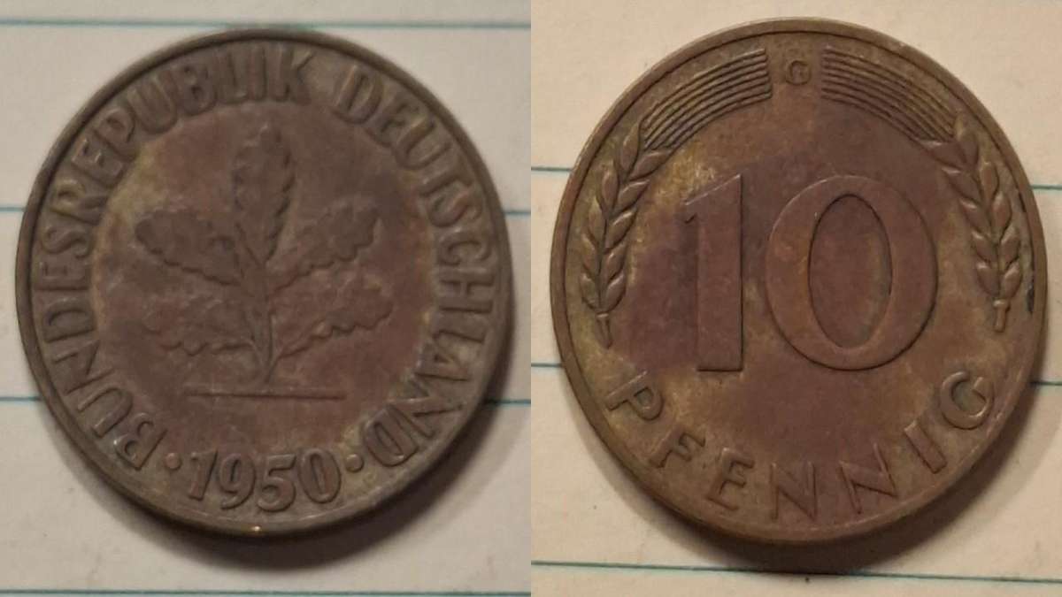 1950 G - Germany - 10 Pfennig - Oak seedling - Demonetised Dec 2001 - Brass clad steel 