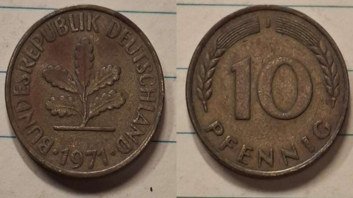 1971 J - Germany - 10 Pfennig - Oak seedling - Demonetised Dec 2001 - Brass clad steel 