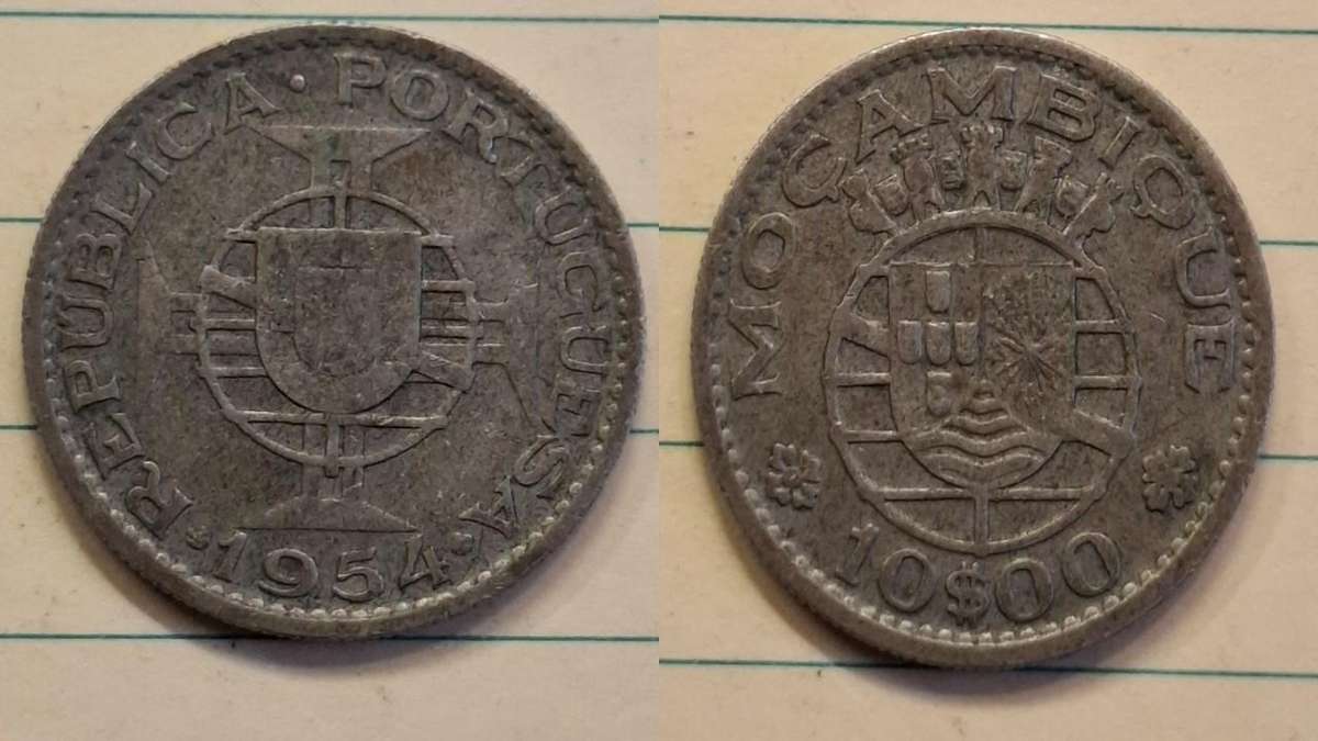 1954 - Mozambique - 10 Escudos - Maltese cross - Demonetised Yes - Silver (.720) (Copper .280)