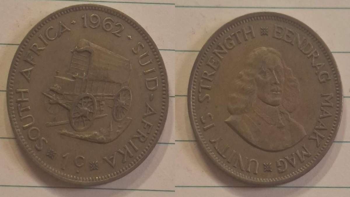 1962 - South Africa - 1 Cent - Jan van Riebeeck  - Demonetised Mar 1961 - Brass