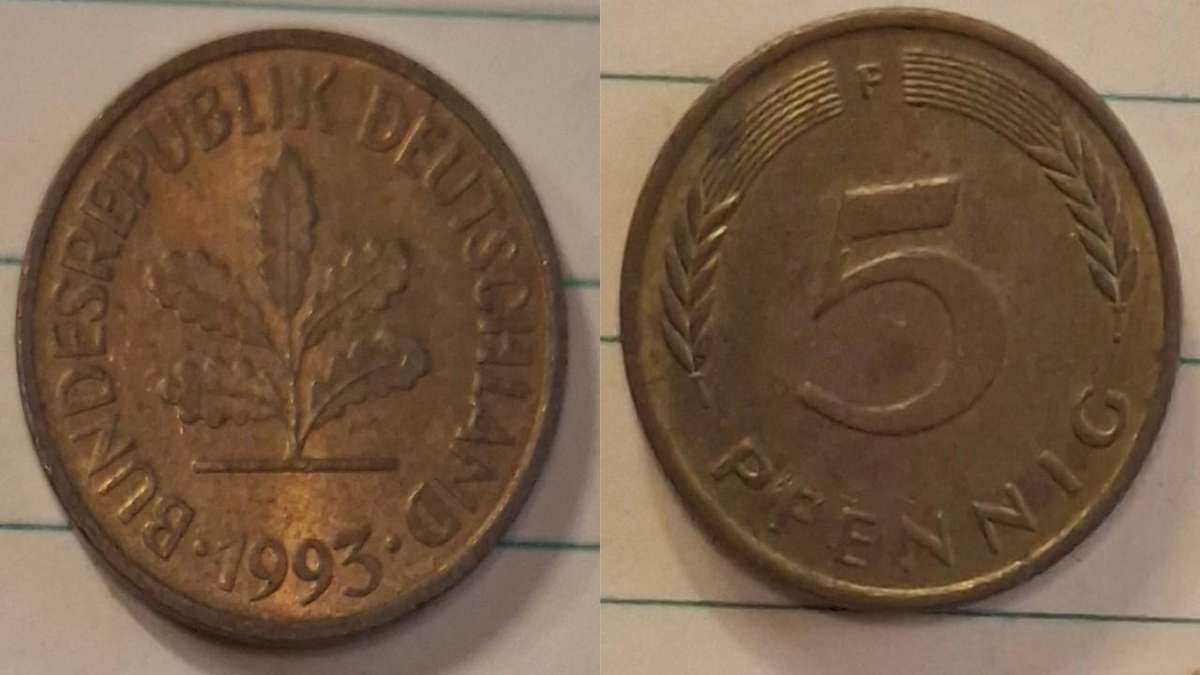 1993 F - Germany - 5 Pfennig - Oak seedling - Demonetised Dec 2001 - Brass clad steel 