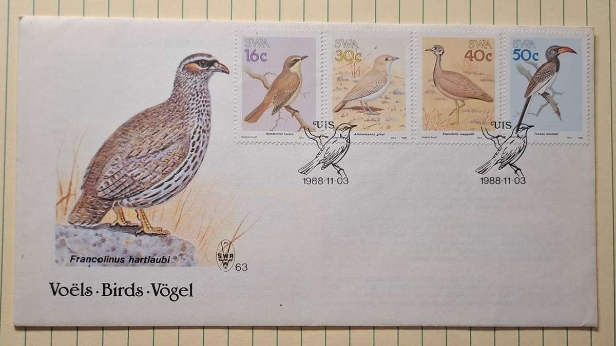 1988 - SWA - First Day Cover with Insert - Birds Francolinus hartlaubi -  Postmark Uis