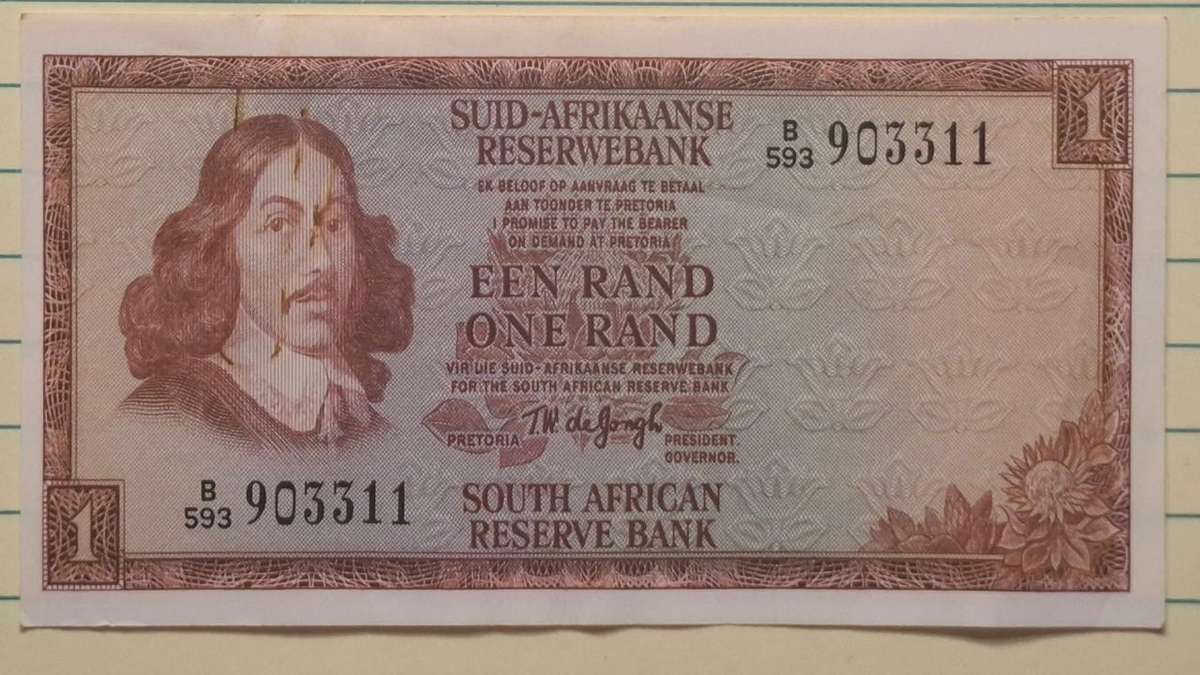 1975 - South Africa - 1 Rand -  Watermark : Jan van Riebeeck - Signature: T.W de Jongh - Demonetised