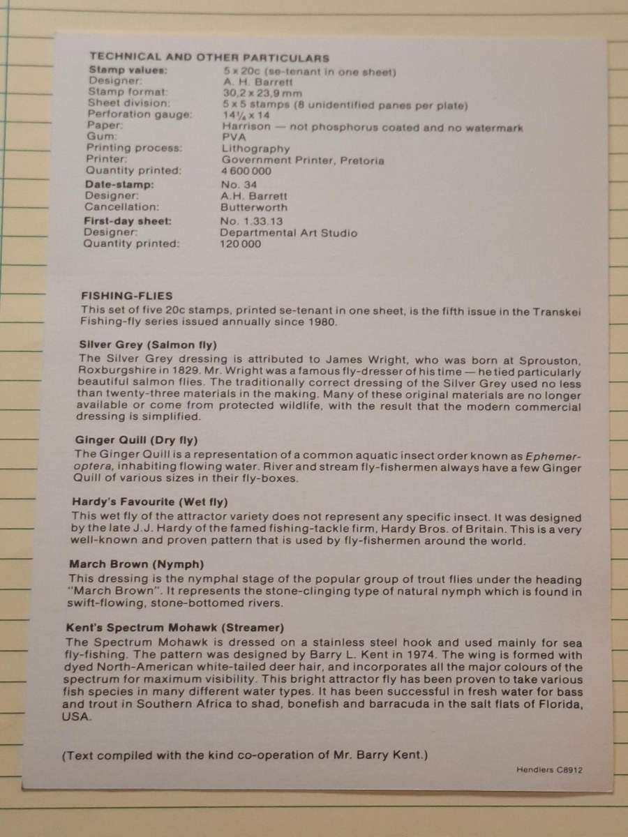 1984 - Transkei - First day Sheet - 20c - Fishing Flies - 5th set of the series 1.29.9 - Postmark Bu