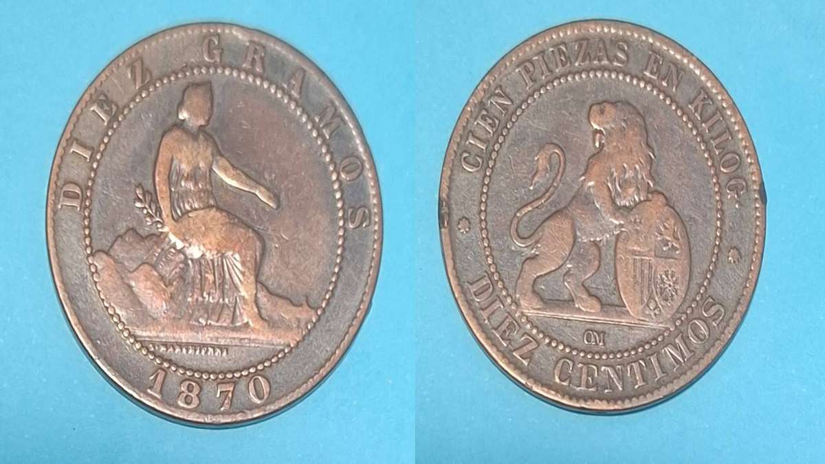 1870 - Spain - 10 Centimos - Provisional Government - Demonetised - Oct 1941 - Bronze