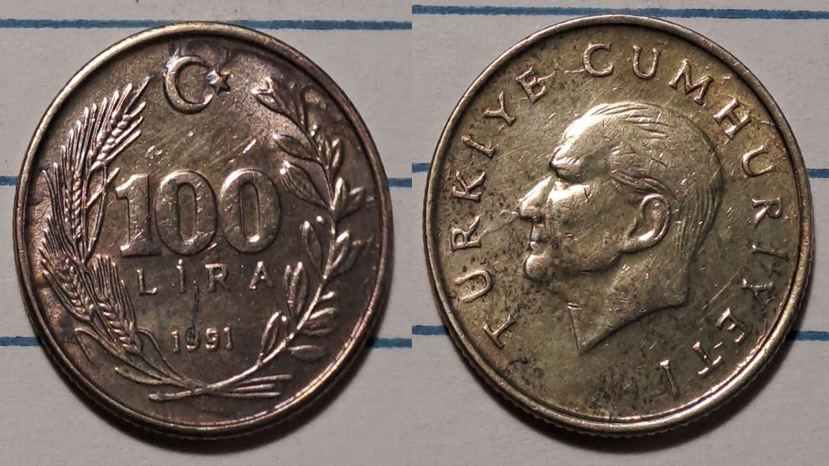 1991 - Turkey  - 100 Lira - Demonetised - 1995  - Brass