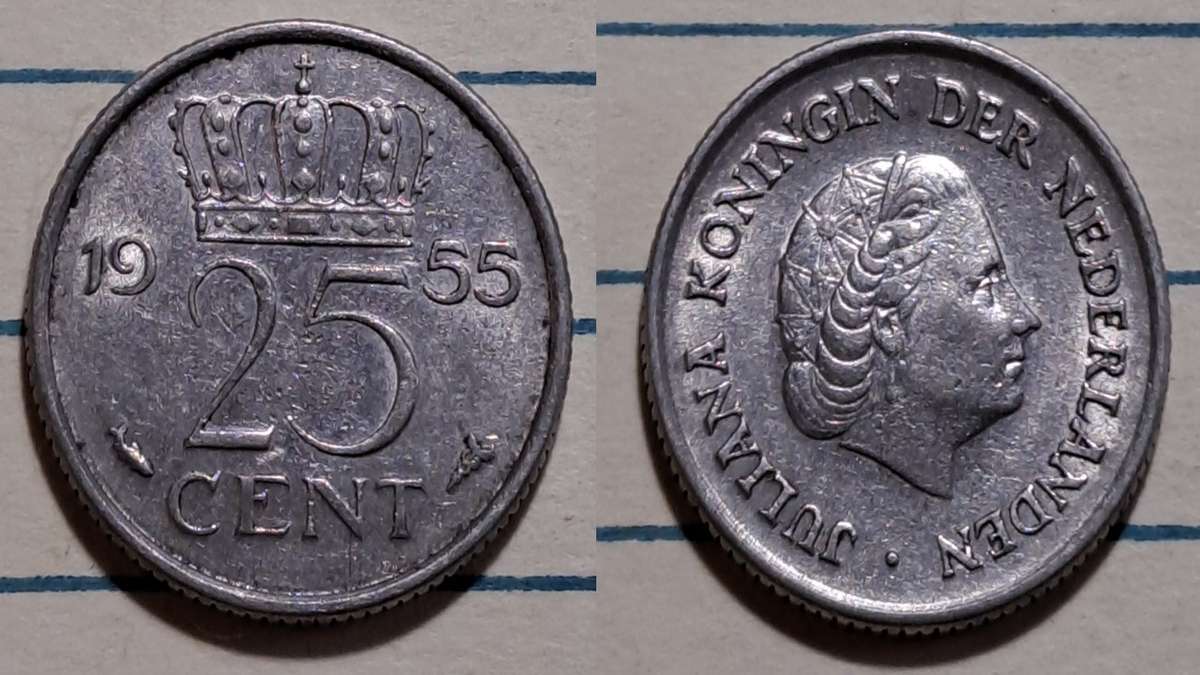 1955 - Netherlands  - 25 Cents - Juliana -  Demonetised - Feb 2002  - Nickel
