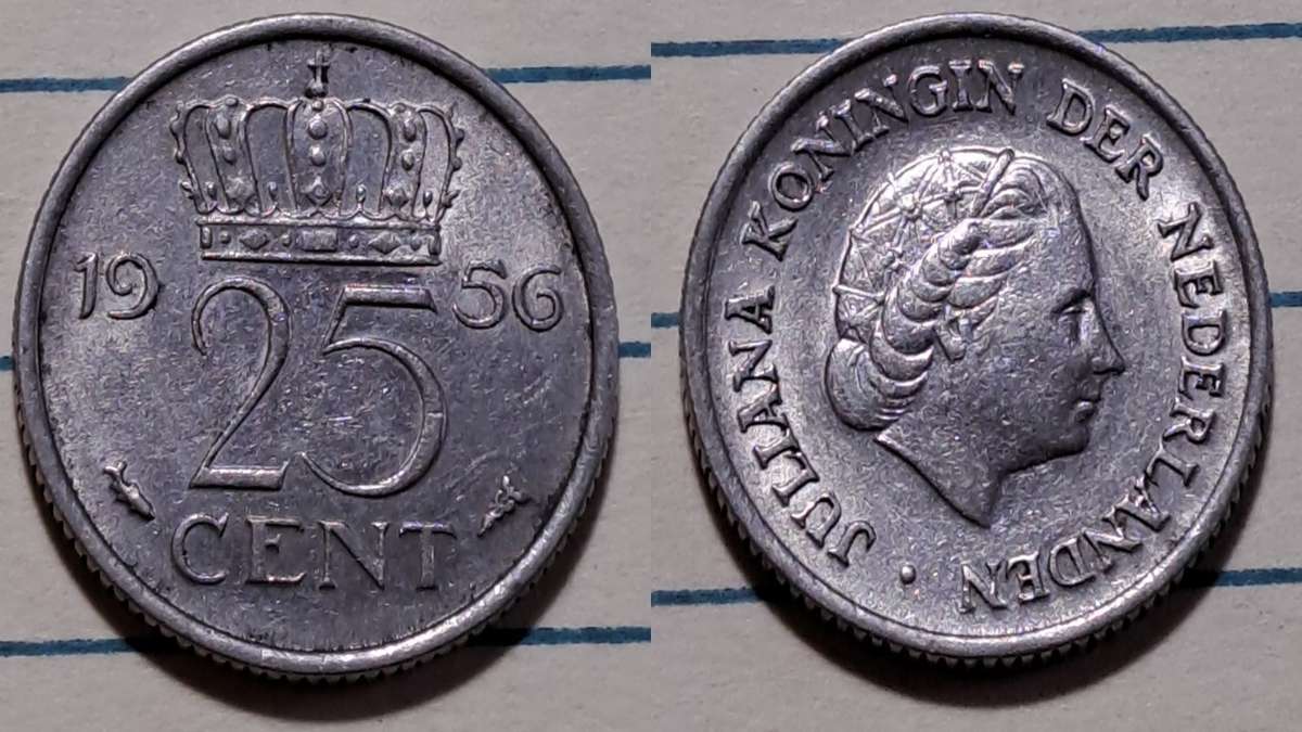1956 - Netherlands  - 25 Cents - Juliana -  Demonetised - Feb 2002  - Nickel