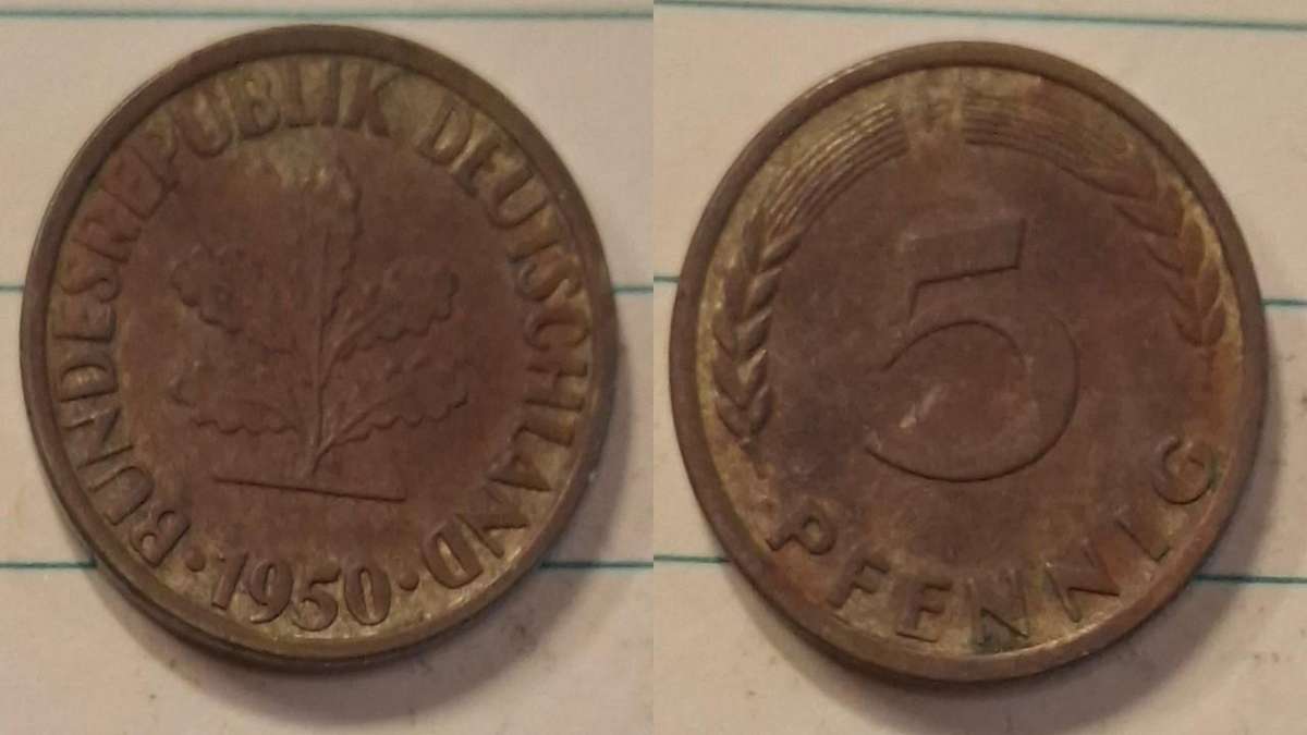 1950 F - Germany - 5 Pfennig - Oak seedling - Demonetised Dec 2001 - Brass clad steel 