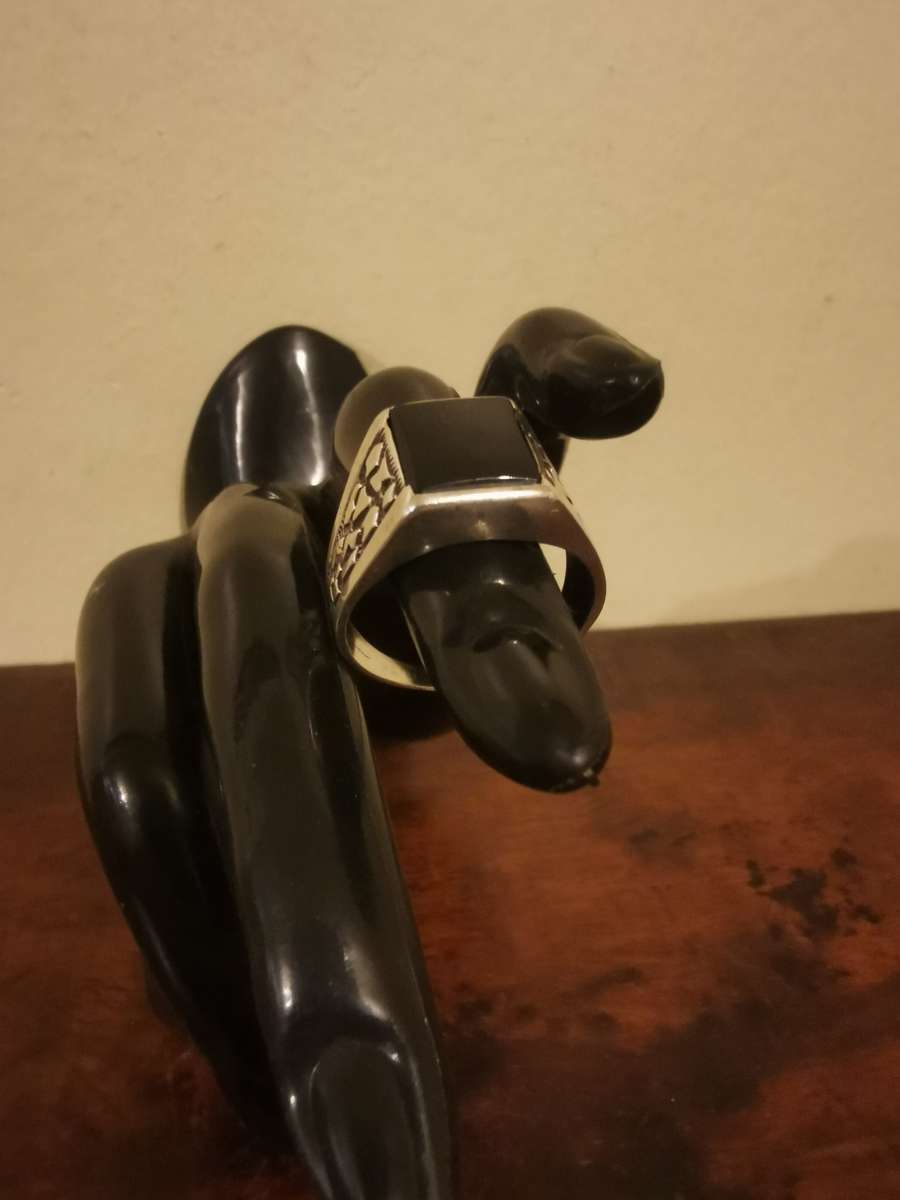 Astonishing Sterling Silver Men's Ring with a Large Black Stone