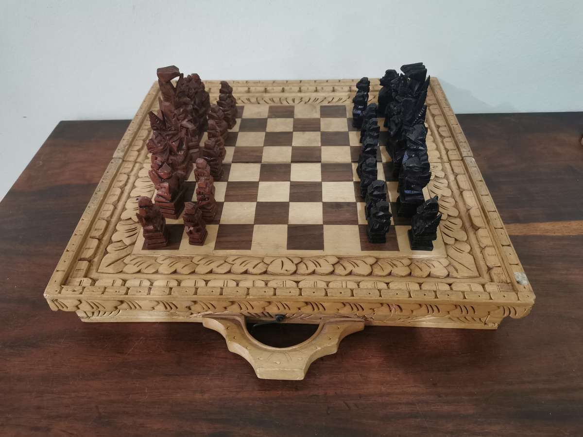 Chess and Backgammon Set in Wooden Carved Travel Case