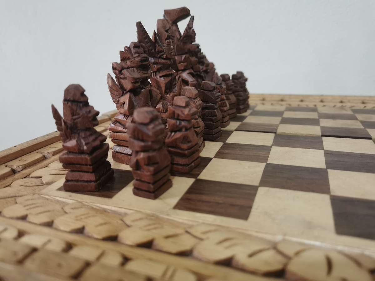 Chess and Backgammon Set in Wooden Carved Travel Case