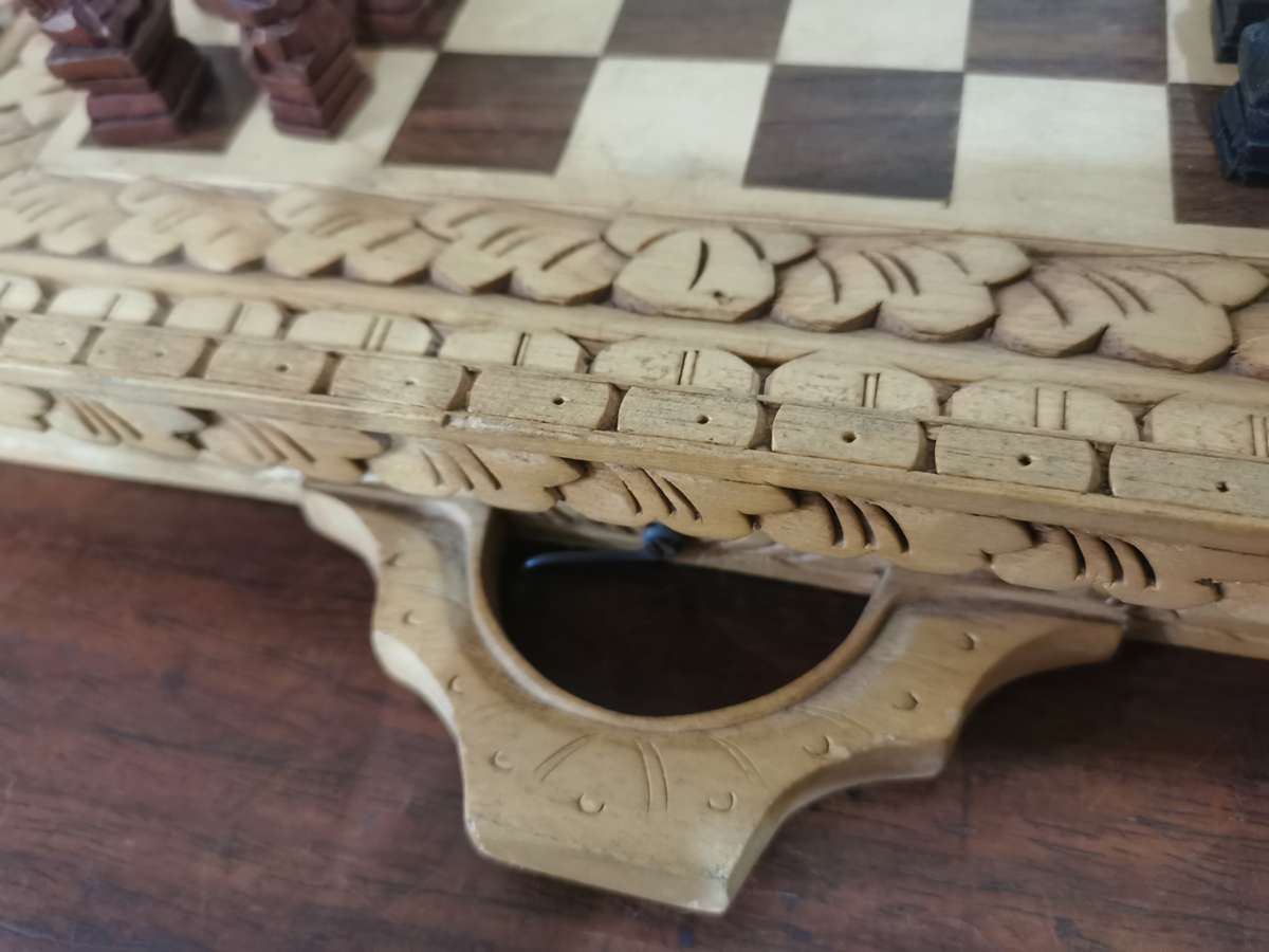 Chess and Backgammon Set in Wooden Carved Travel Case