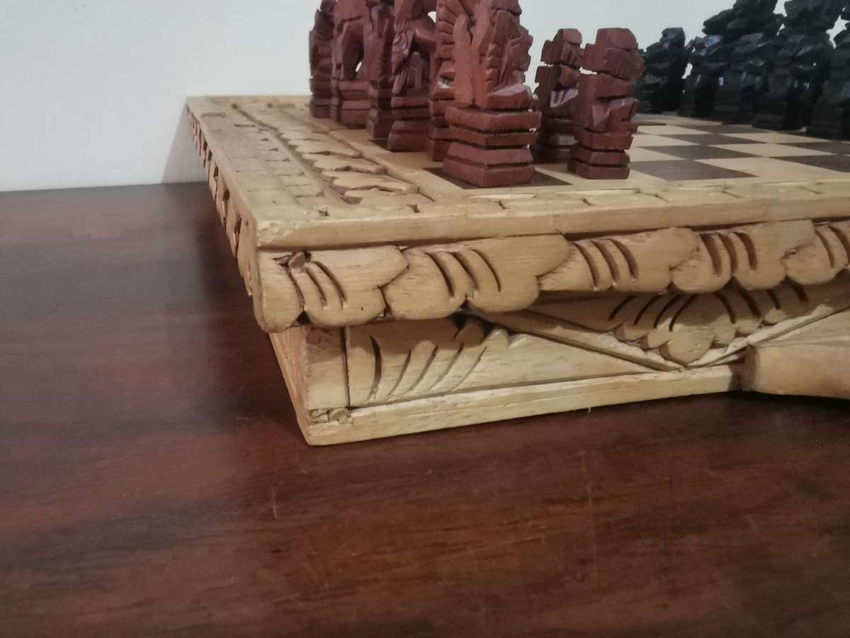 Chess and Backgammon Set in Wooden Carved Travel Case