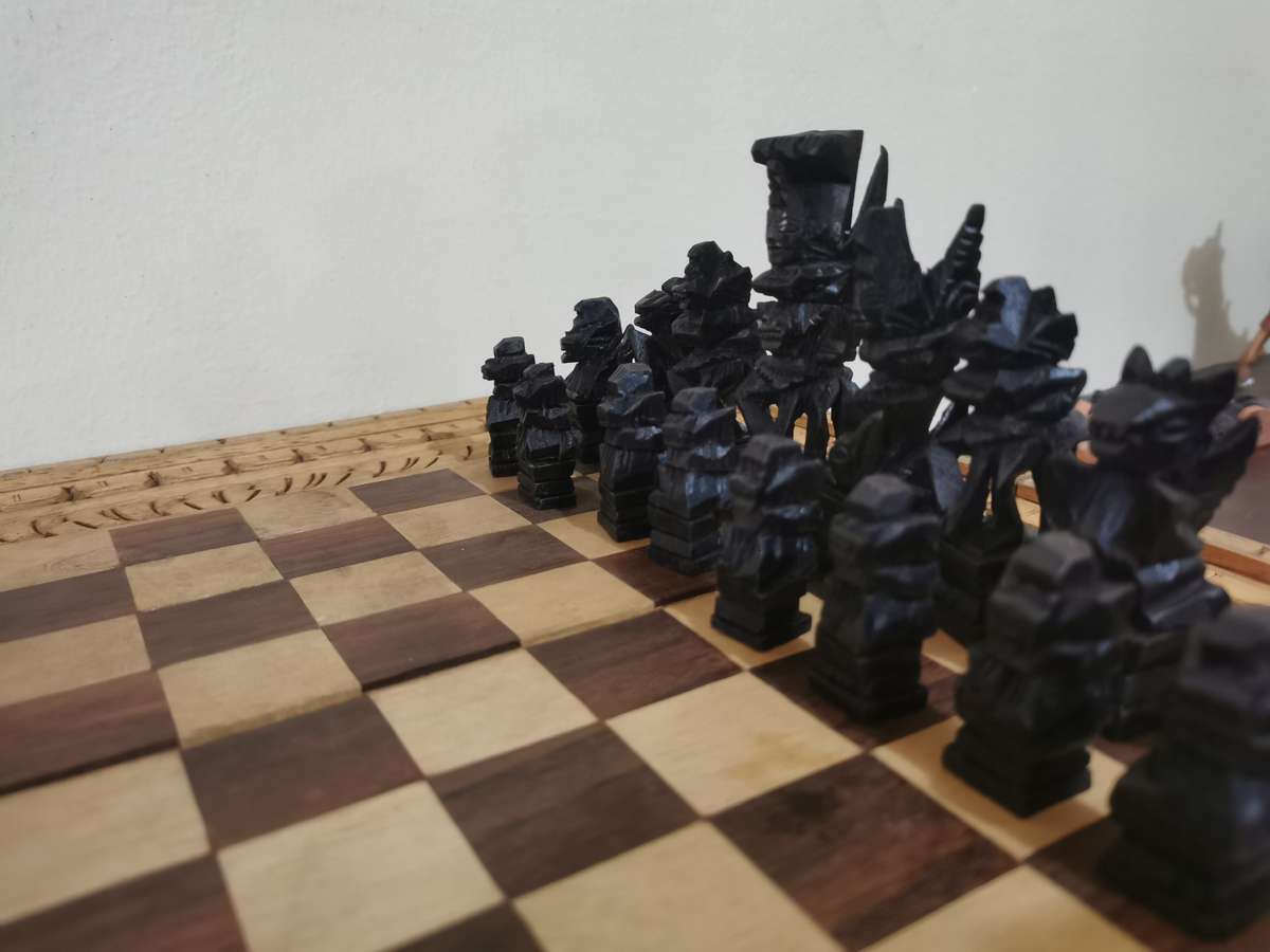 Chess and Backgammon Set in Wooden Carved Travel Case