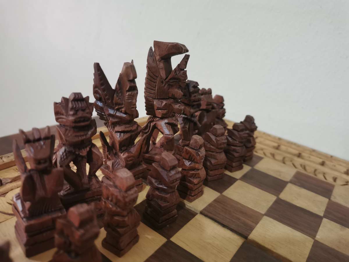 Chess and Backgammon Set in Wooden Carved Travel Case