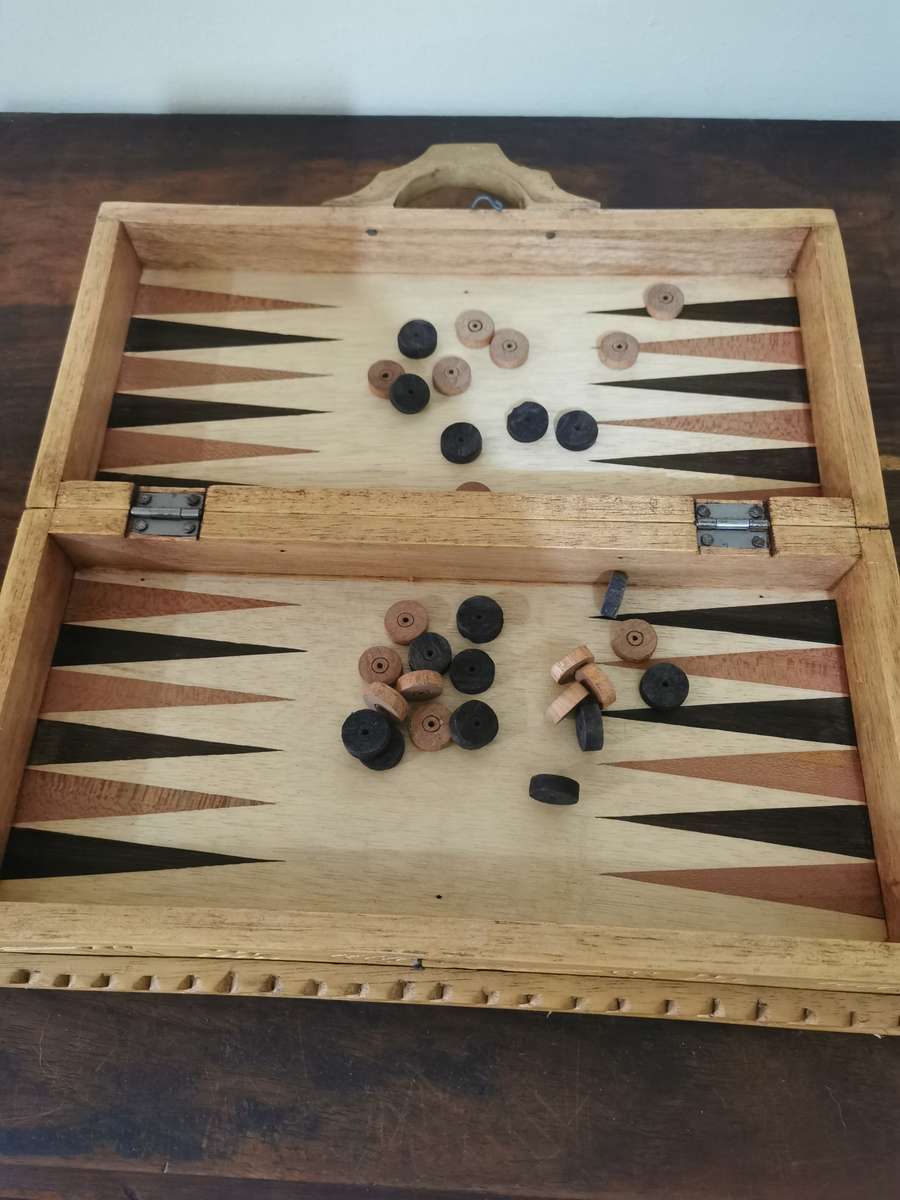 Chess and Backgammon Set in Wooden Carved Travel Case