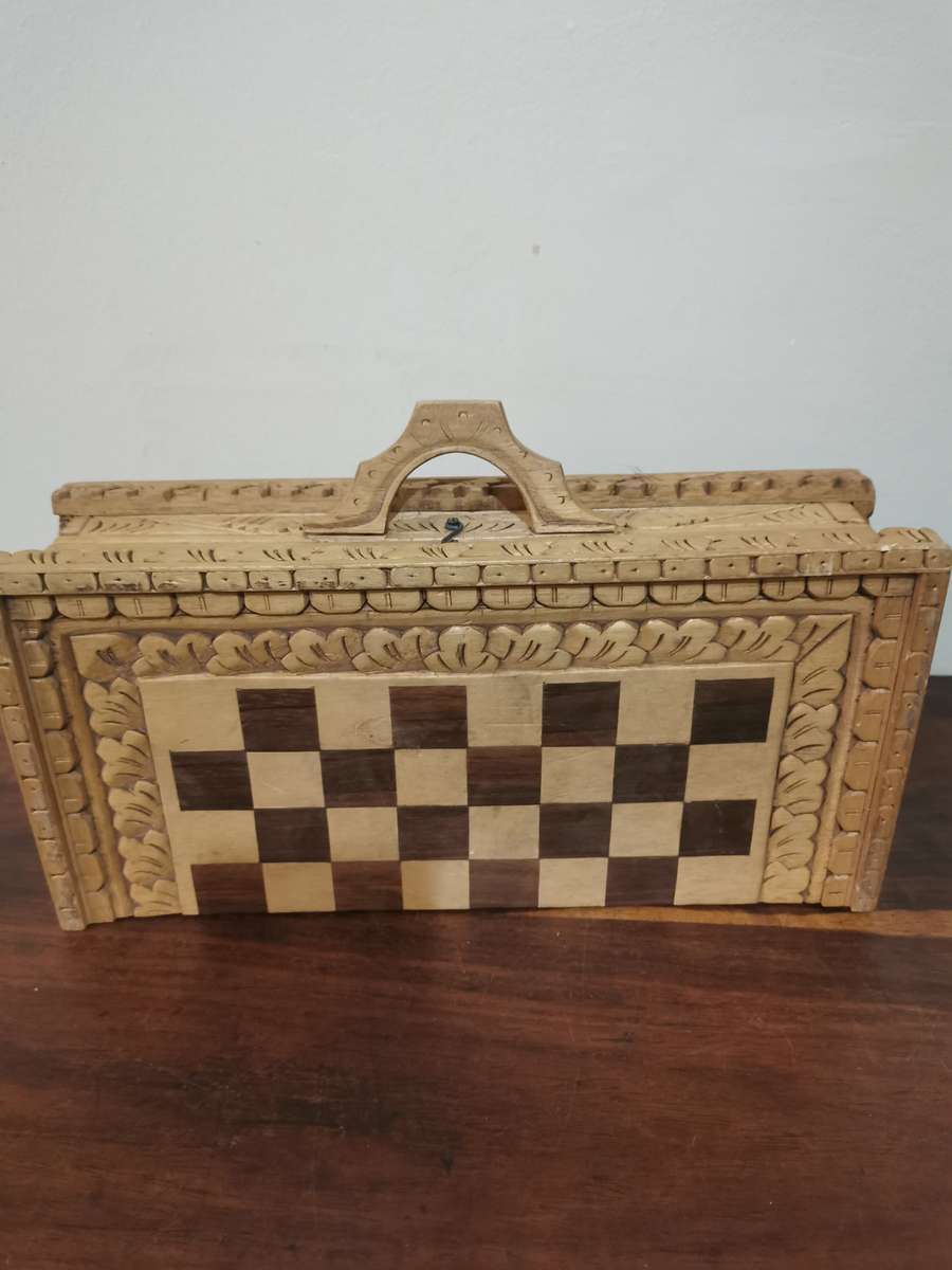 Chess and Backgammon Set in Wooden Carved Travel Case