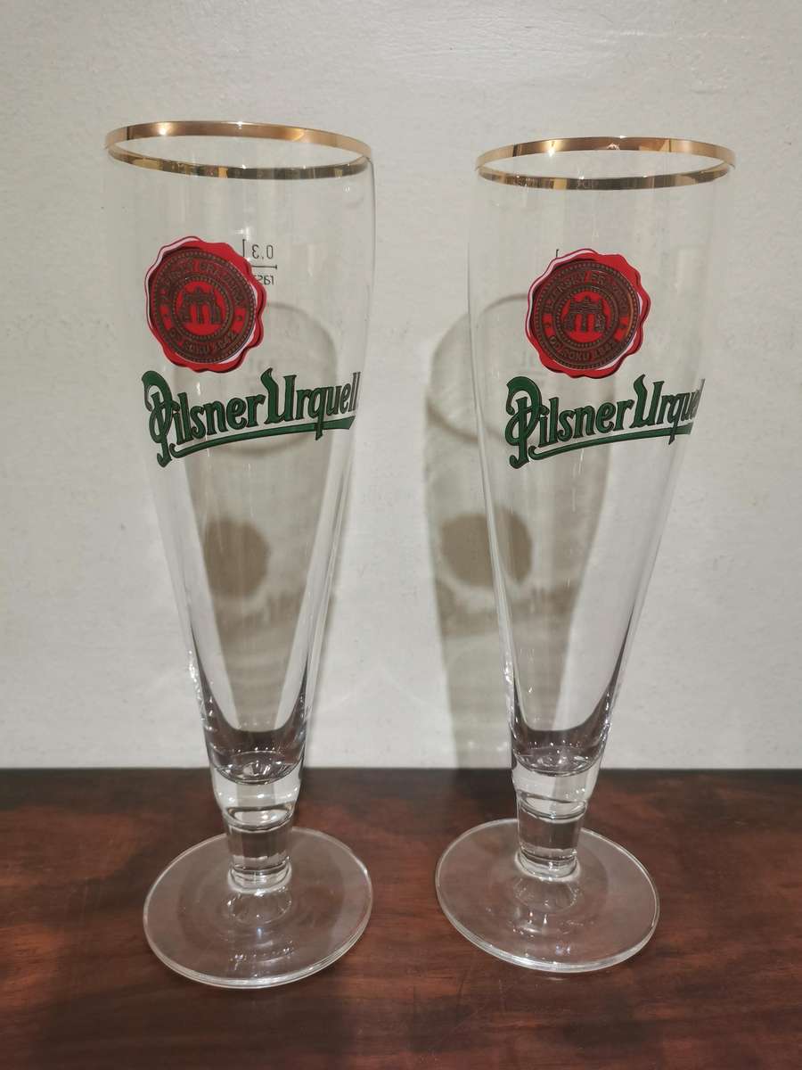 Pilsner Urquell Crystal Beer Glass Pair with Gold Trim