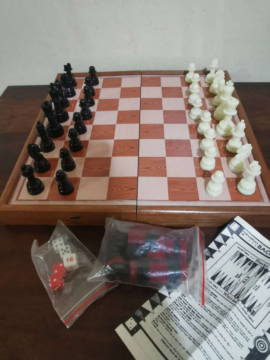 Vintage Wood Chess and Backgammon Travel Set