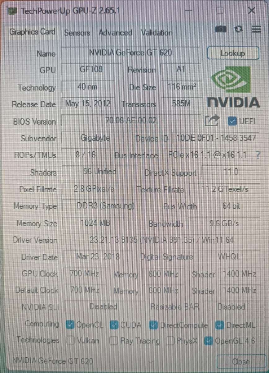 NVidia GT 620 GPU