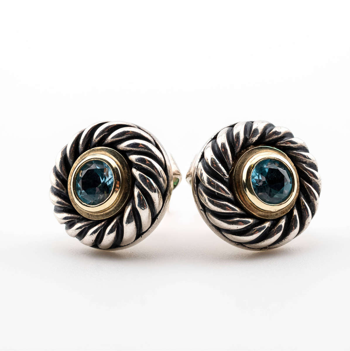 David Yurman Blue Topaz Stud Earrings  925 Sterling Silver & 14K Gold