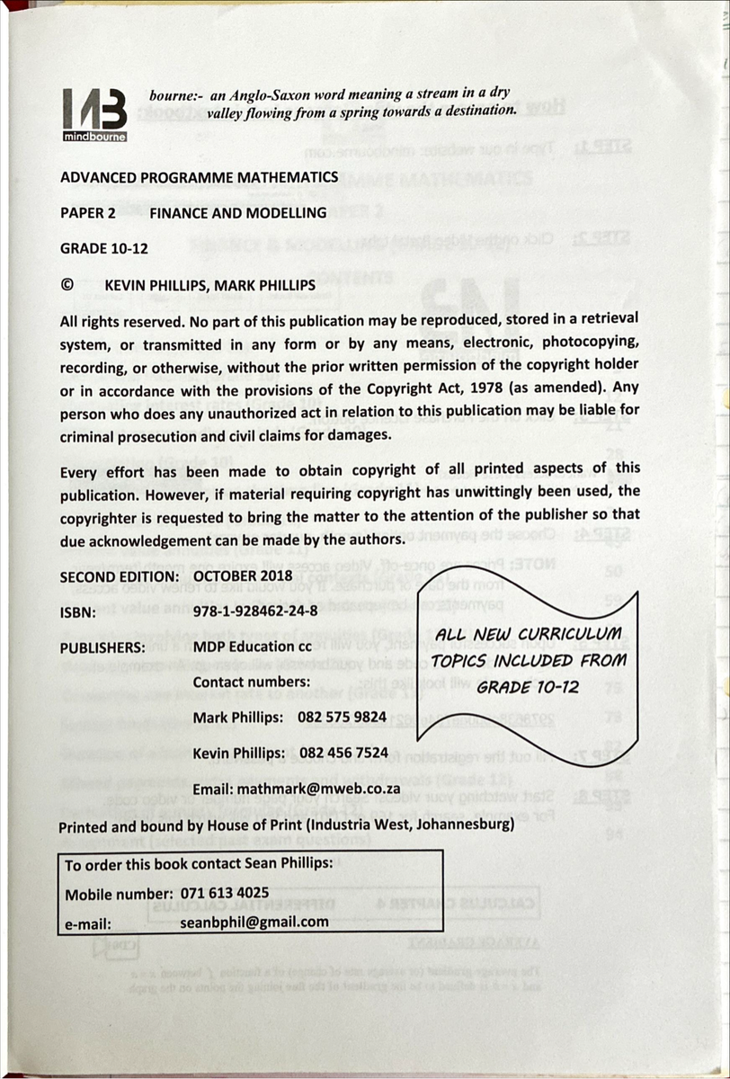 Mindbourne Advanced Programme Mathematics Paper 2 Finance and Modelling Grade 10-12