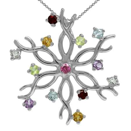 Sterling silver pendant with chain - MIXED GEMS snowflake