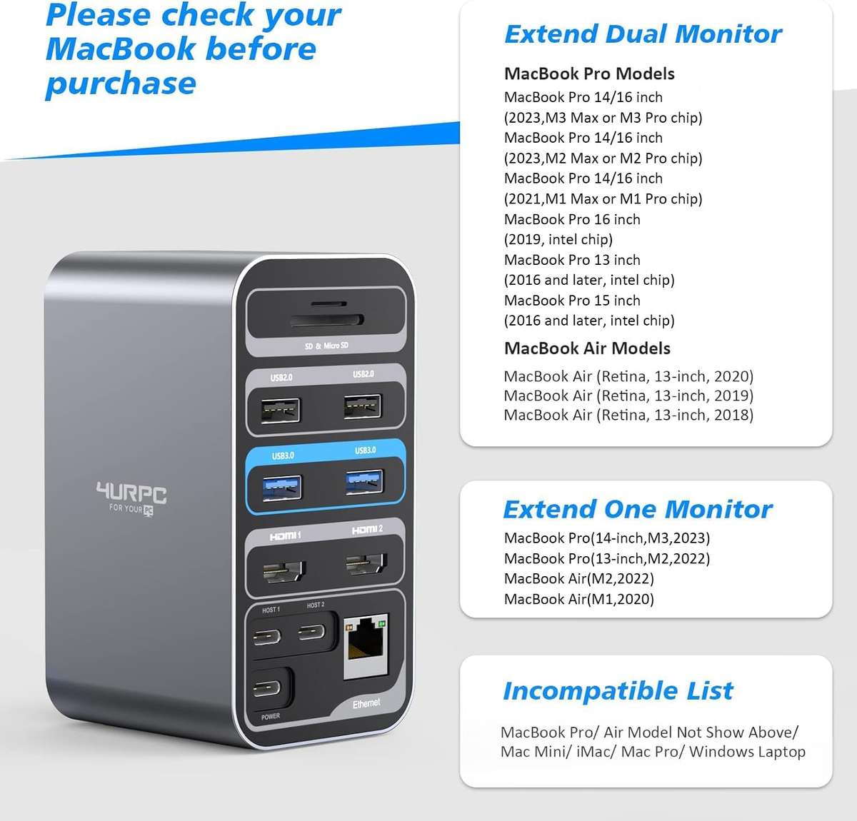 Docking Station Dual Monitor for MacBook Pro/Air