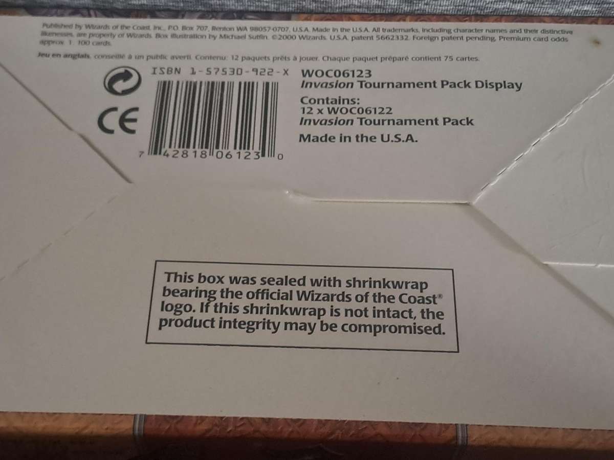 Magic The Gathering Invasion Tournament Pack box (has 12 tournament packs inside)