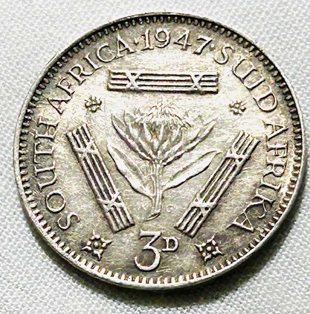 1947 SILVER THREE (3D) PENCE SOUTH AFRICA FULL DETAIL