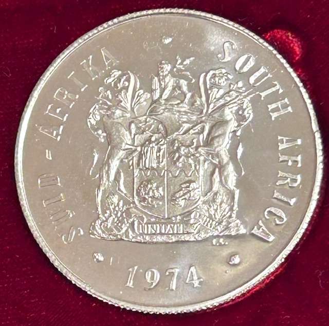SOUTH AFRICA SILVER R1 -1974 PROOF - 50TH ANNIVERSARY OF SA MINT IN MINT BOX