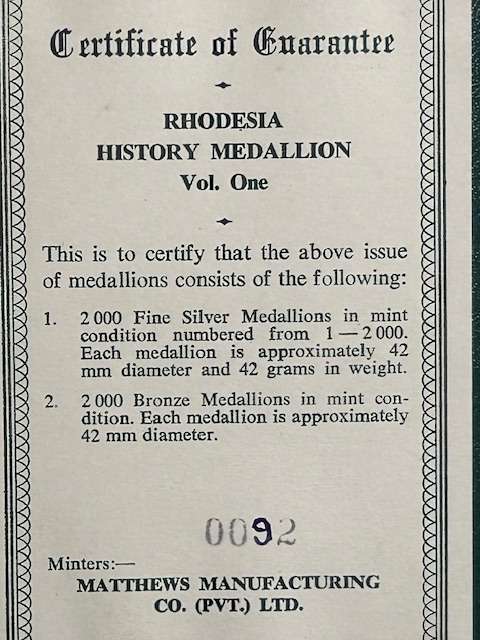 RHODESIA HISTORY MEDALLION VOL. 1 (42 GRAMS PURE 99.9 SILVER) IN ORIGINAL HOLDER SEALED