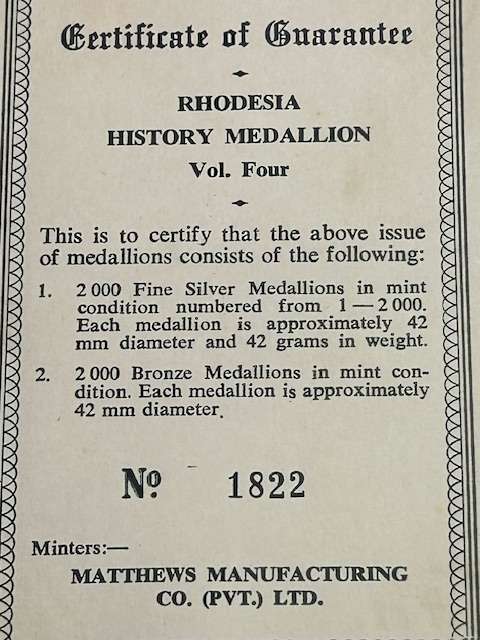 RHODESIA HISTORY MEDALLION VOL. 4 (42 GRAMS PURE 99.9 SILVER) IN ORIGINAL HOLDER SEALED