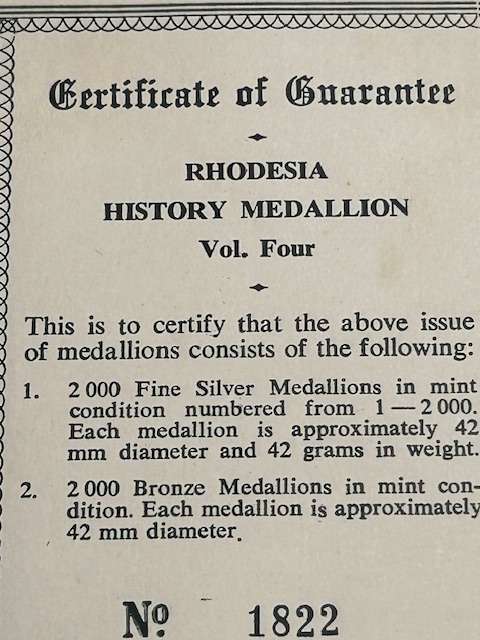 RHODESIA HISTORY MEDALLION VOL. 4 (42 GRAMS PURE 99.9 SILVER) IN ORIGINAL HOLDER SEALED