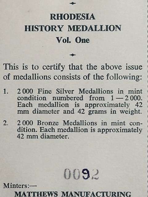 RHODESIA HISTORY MEDALLION VOL. 1 (42 GRAMS PURE 99.9 SILVER) IN ORIGINAL HOLDER SEALED