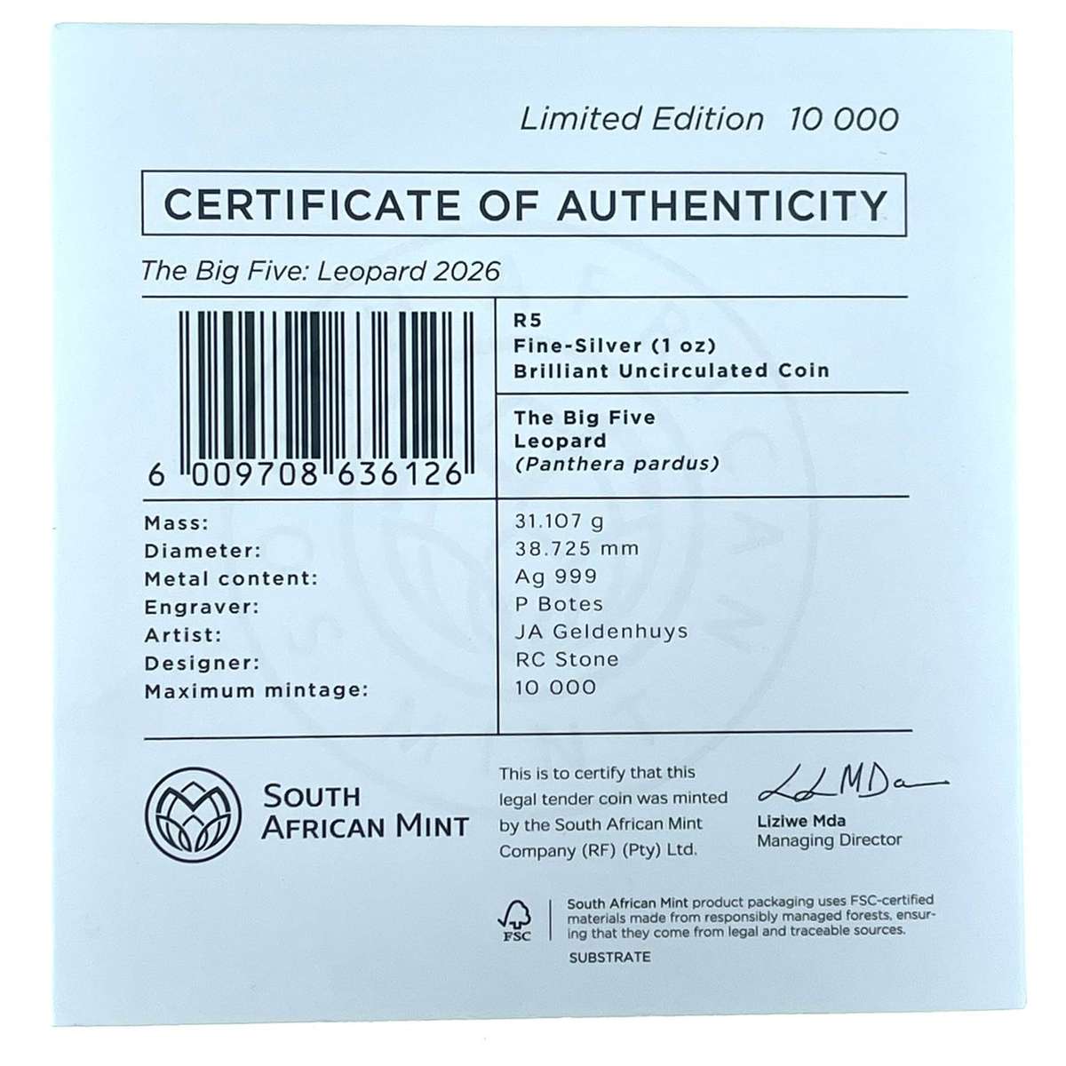 2026 Big 5 Series 3 Release - Leopard - Brilliant Uncirculated 1oz Silver