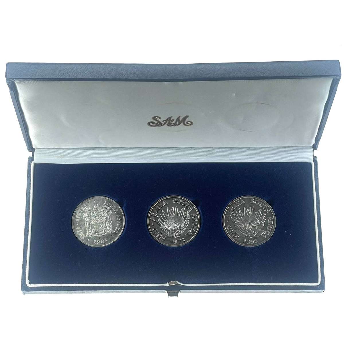 Proof silver R1 trio set in SA Mint Case (1986 Mining, 1991 Nursing & 1995 Railway)