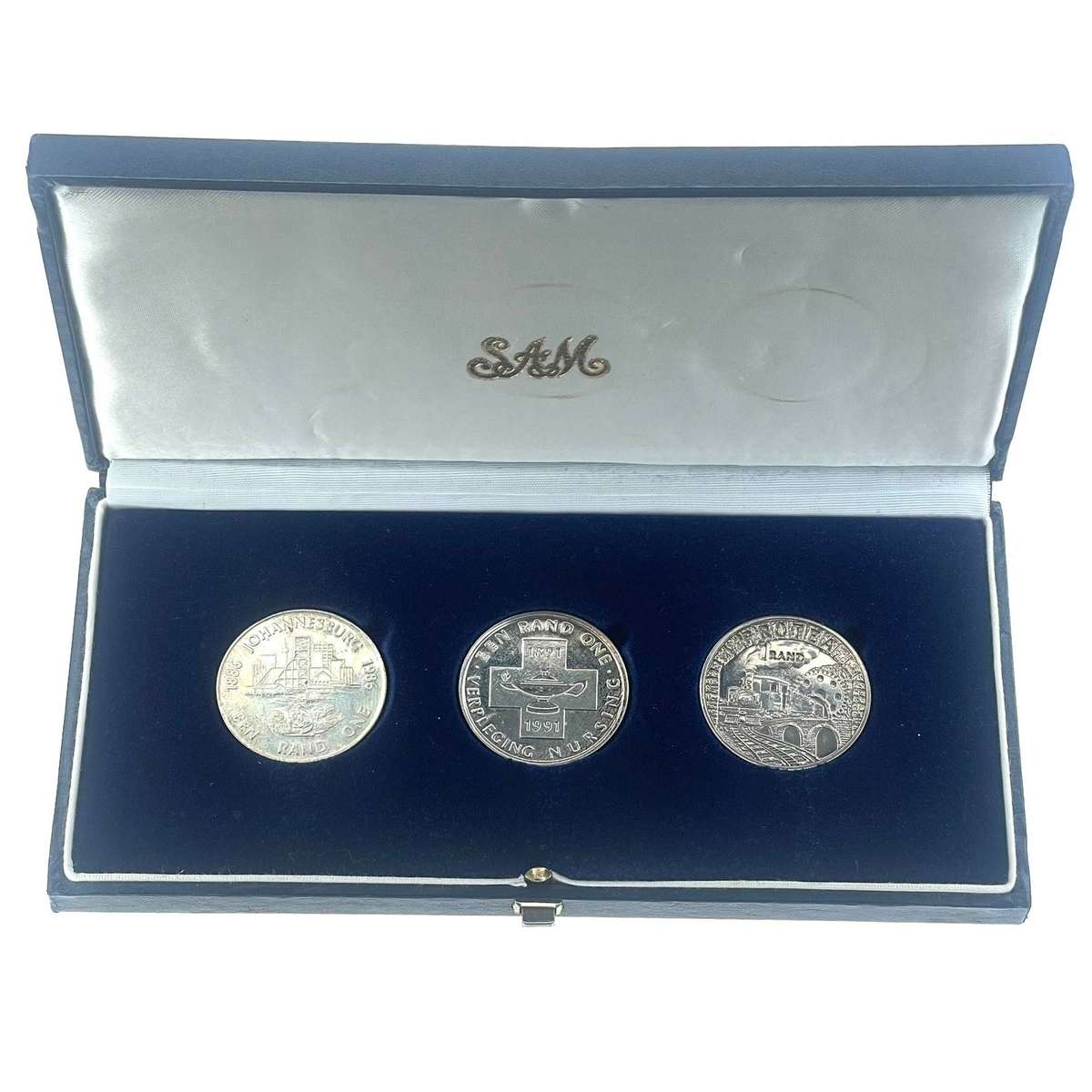 Proof silver R1 trio set in SA Mint Case (1986 Mining, 1991 Nursing & 1995 Railway)