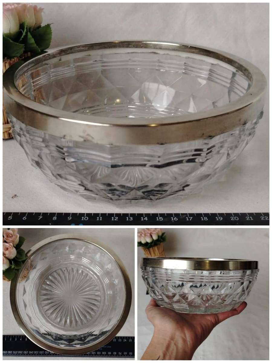 VINTAGE CUT GLASS SALAD BOWL WITH SILVER PLATE RIM