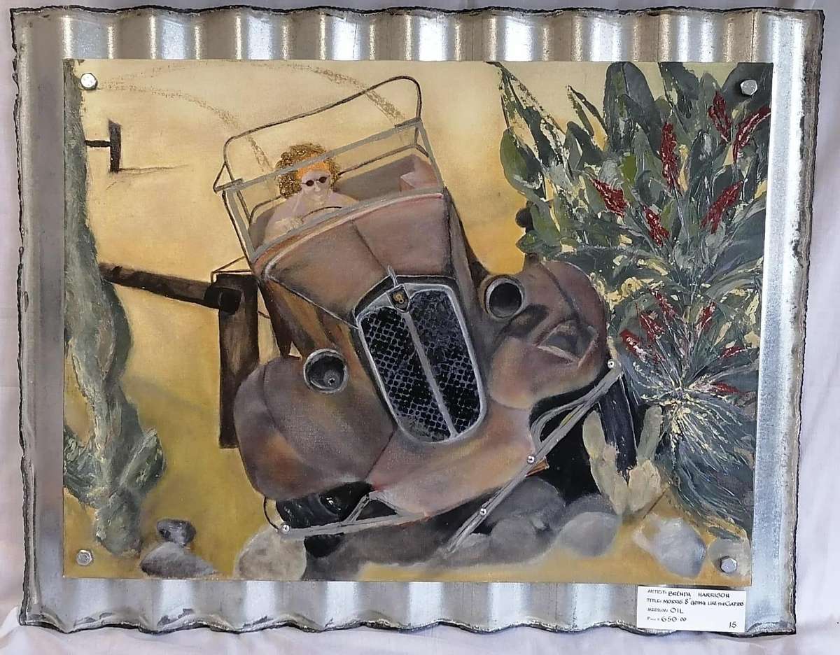 PAINTING MOUNTED ON CORRUGATED SHEETING 'MORRIS 8 GOING LIKE THE CLAPPERS' - ARTIST BRENDA HARRISON