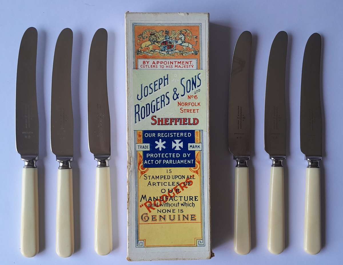 Antique Joseph Rodgers & Sons Set Of Six Dessert Knives With Ivorine Handles. Rare Original Box.