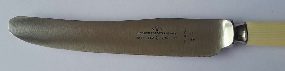 Antique Joseph Rodgers & Sons Set Of Six Dessert Knives With Ivorine Handles. Rare Original Box.
