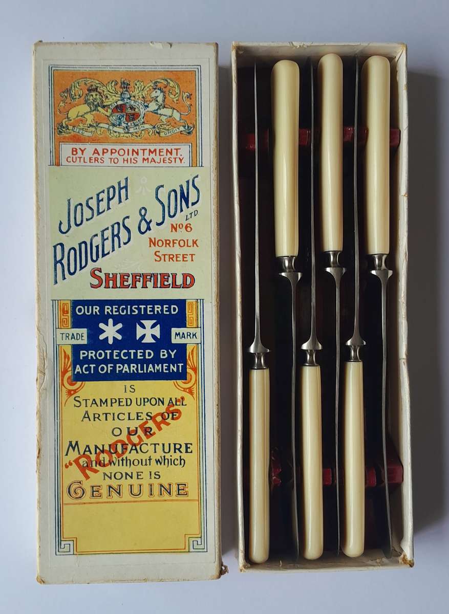 Antique Joseph Rodgers & Sons Set Of Six Dessert Knives With Ivorine Handles. Rare Original Box.