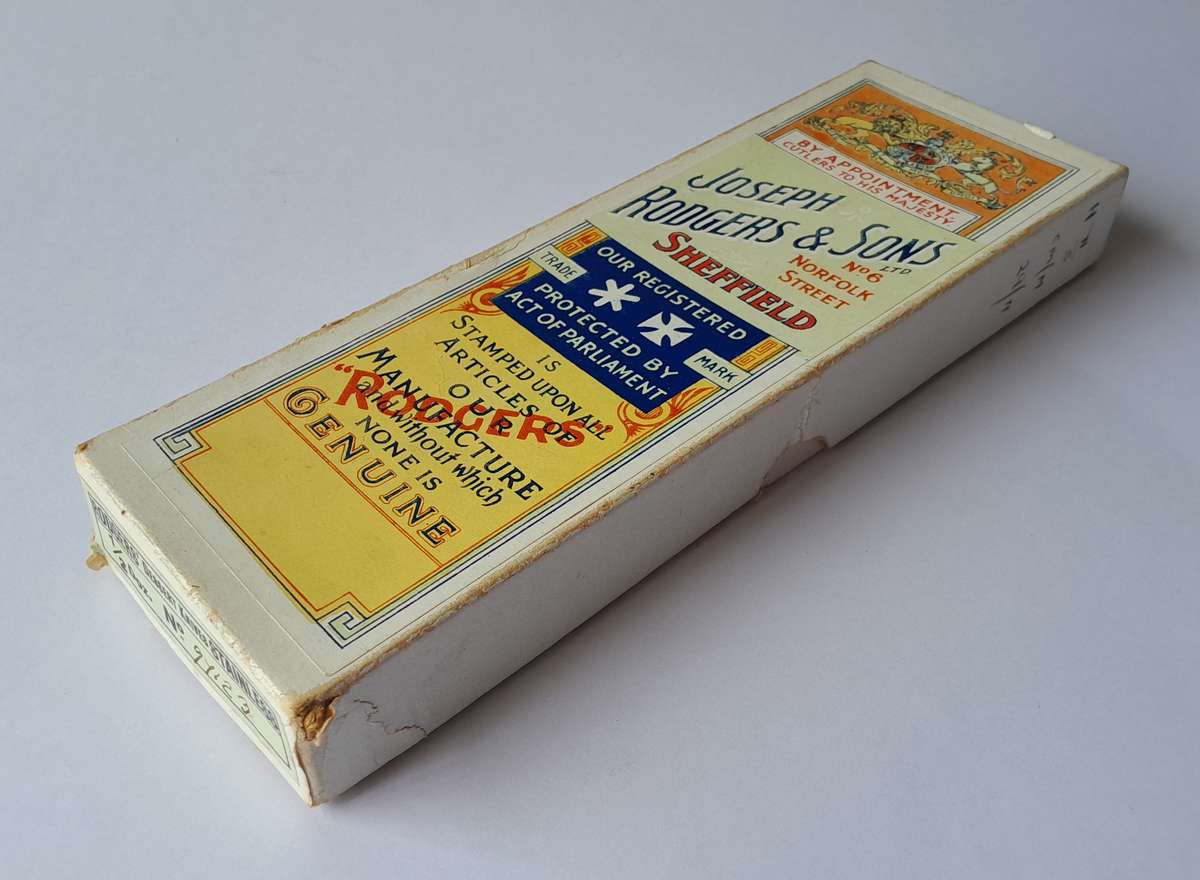 Antique Joseph Rodgers & Sons Set Of Six Dessert Knives With Ivorine Handles. Rare Original Box.