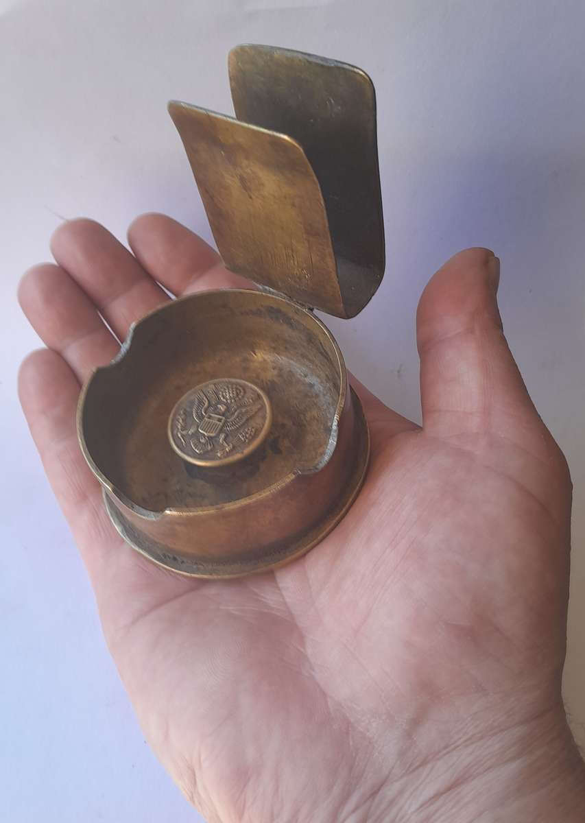 WW2 United States Shell Casing Trench Art Ashtray With Matchbox Holder.