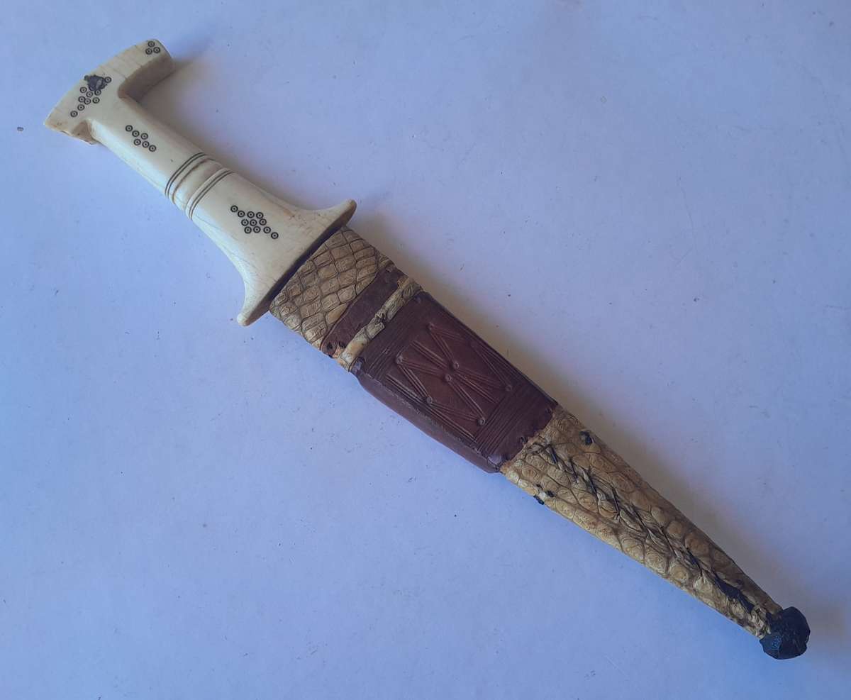 Rare Antique Anglo-Egyptian Sudan Dagger. Hippo Tusk Handle. Crocodile and Camel Sheath.