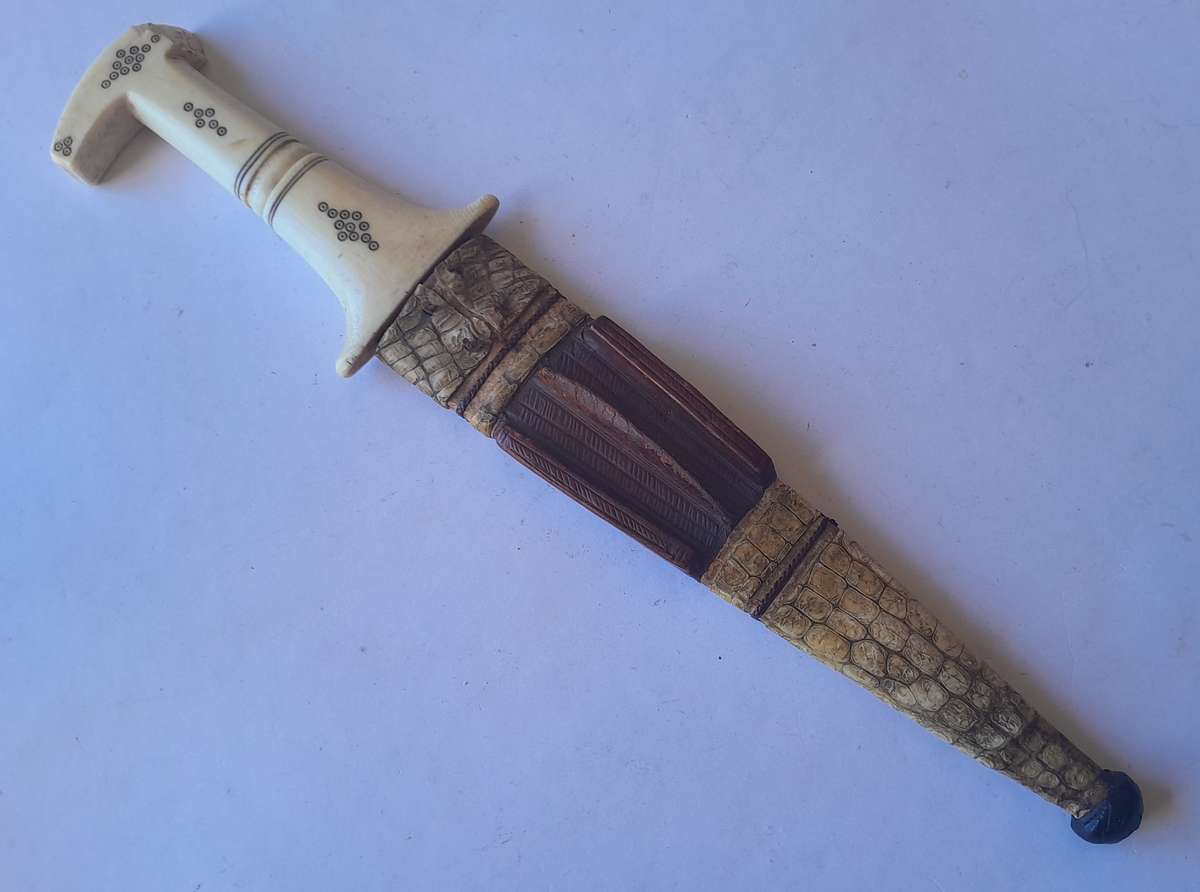 Rare Antique Anglo-Egyptian Sudan Dagger. Hippo Tusk Handle. Crocodile and Camel Sheath.
