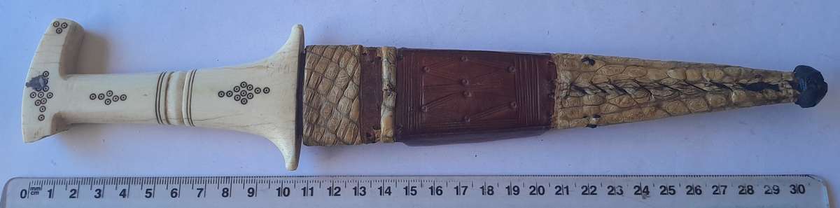 Rare Antique Anglo-Egyptian Sudan Dagger. Hippo Tusk Handle. Crocodile and Camel Sheath.