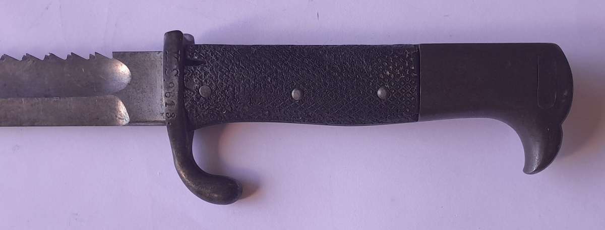 "Reserved" WW1 German South West Africa 1909 Erfurt Sawback Bayonet. Matching Numbers Scabbard.